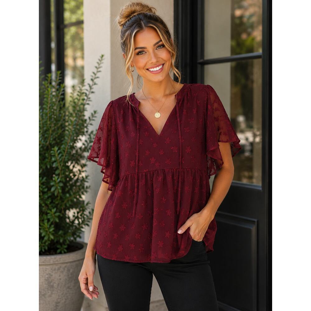 BLOOMCHIC Burgundy Swiss Dot Star Flutter Sleeve Blouse – Size 12